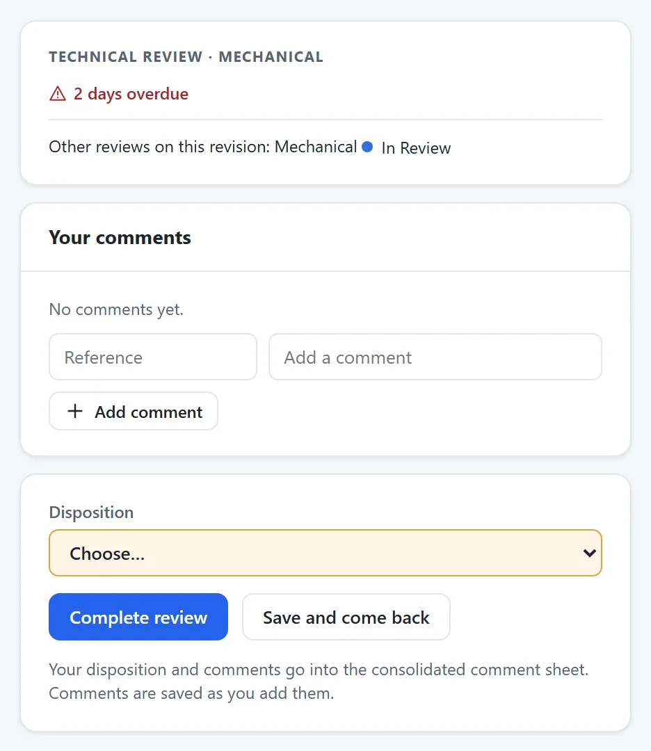 Open a review, read the drawing, then record a disposition and comments.