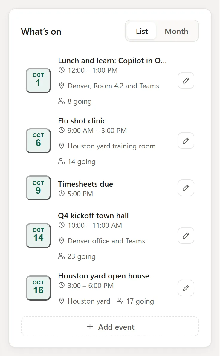 What is on: upcoming events with RSVPs, as a list or a month.