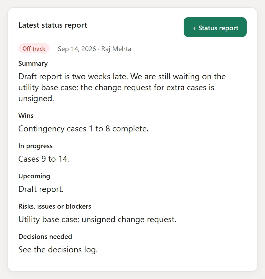 Status reports in a fixed shape, so every project reports the same way.