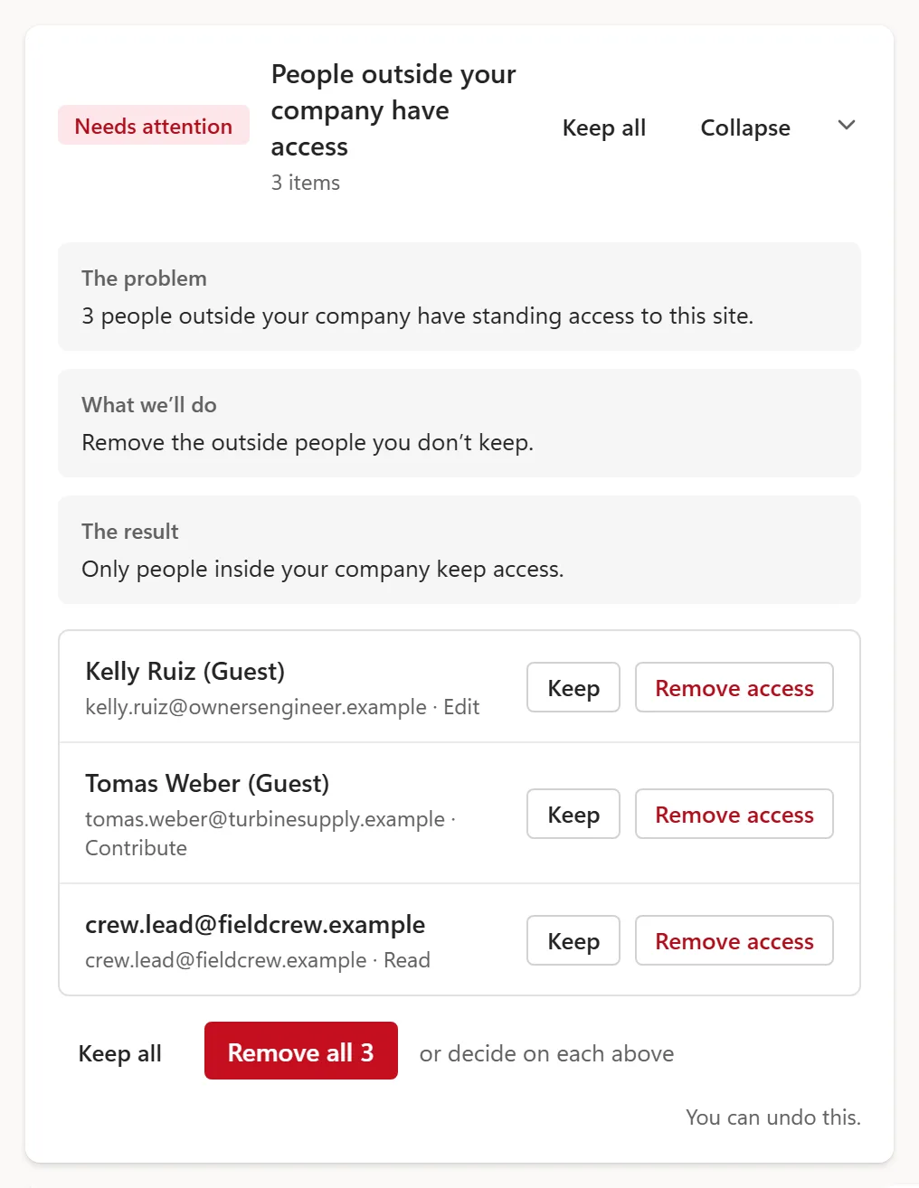 Each check says the problem, the fix and the result. Keep each item, or fix it in one click.